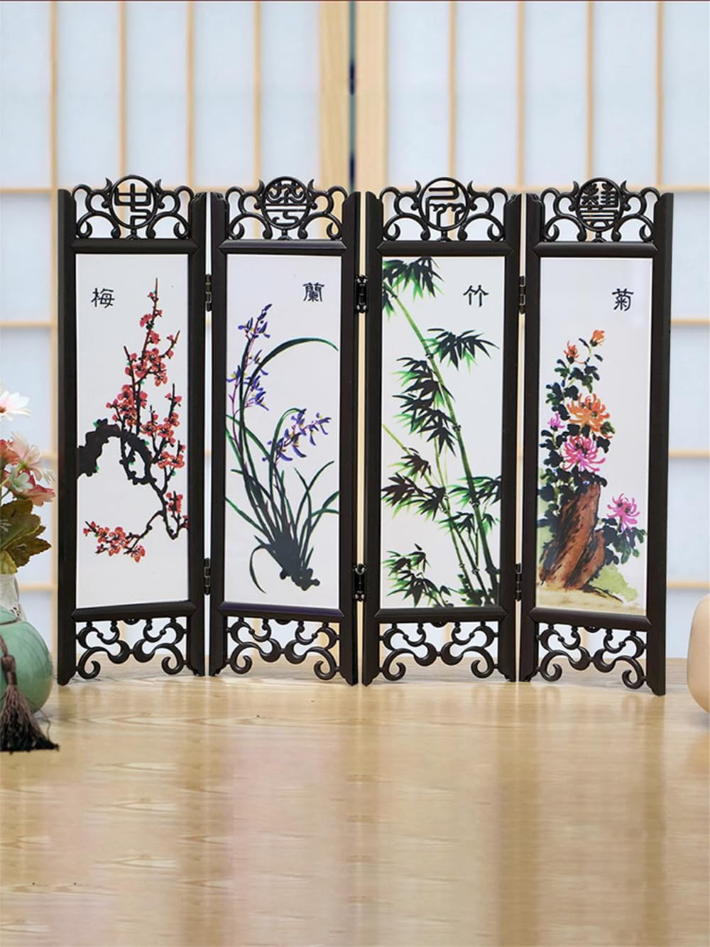 Składany parawan, Retro mały Mini składany Panel20cm śliwkowa orchidea bambusowa