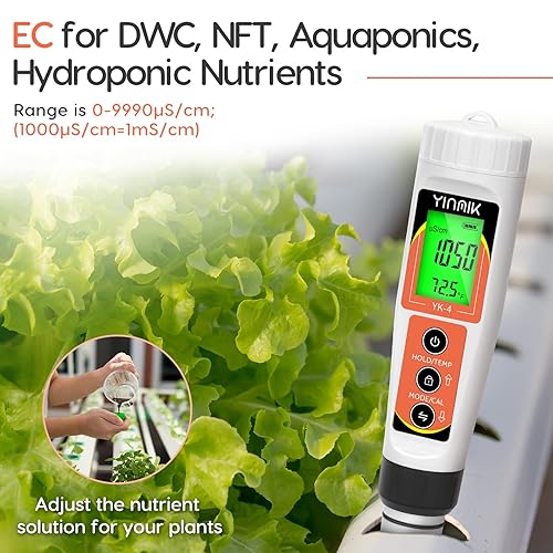 Miniatura 4 de YINMIK Medidor de pH, digital 4 en 1 PH EC TDS medidor de temperatura para hidroponía de agua, probador de agua DWC PH y EC PPM con retroiluminación