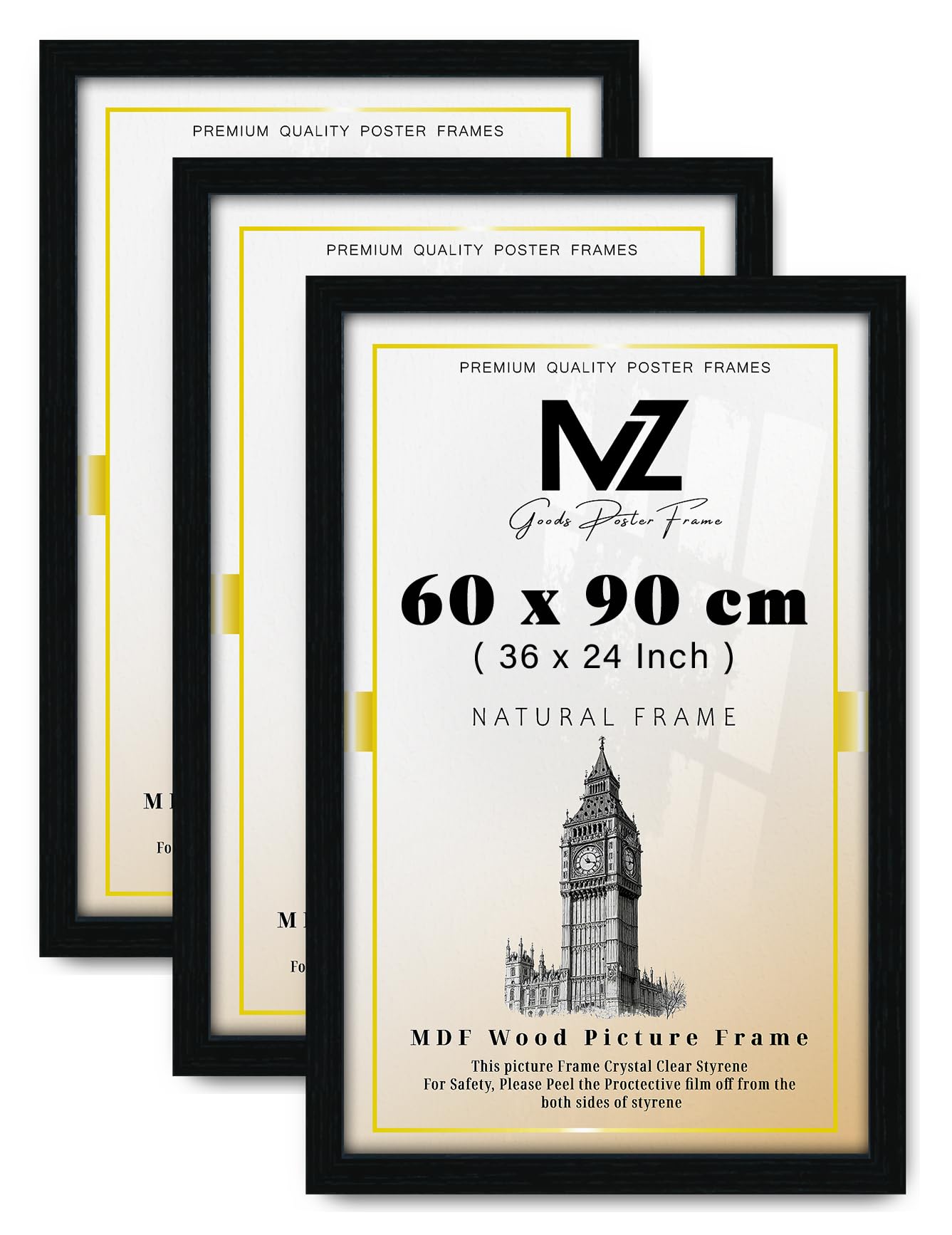 Mz Goods Black Pack Of 3 Mdf Picture Frame (60 X 90 Cm) 600 X 900 Mm Perfect For Art, Certificates & Wall Decor, Ideal For Home & Office, Sturdy Mdf Finish With Hanging Hooks [ ]