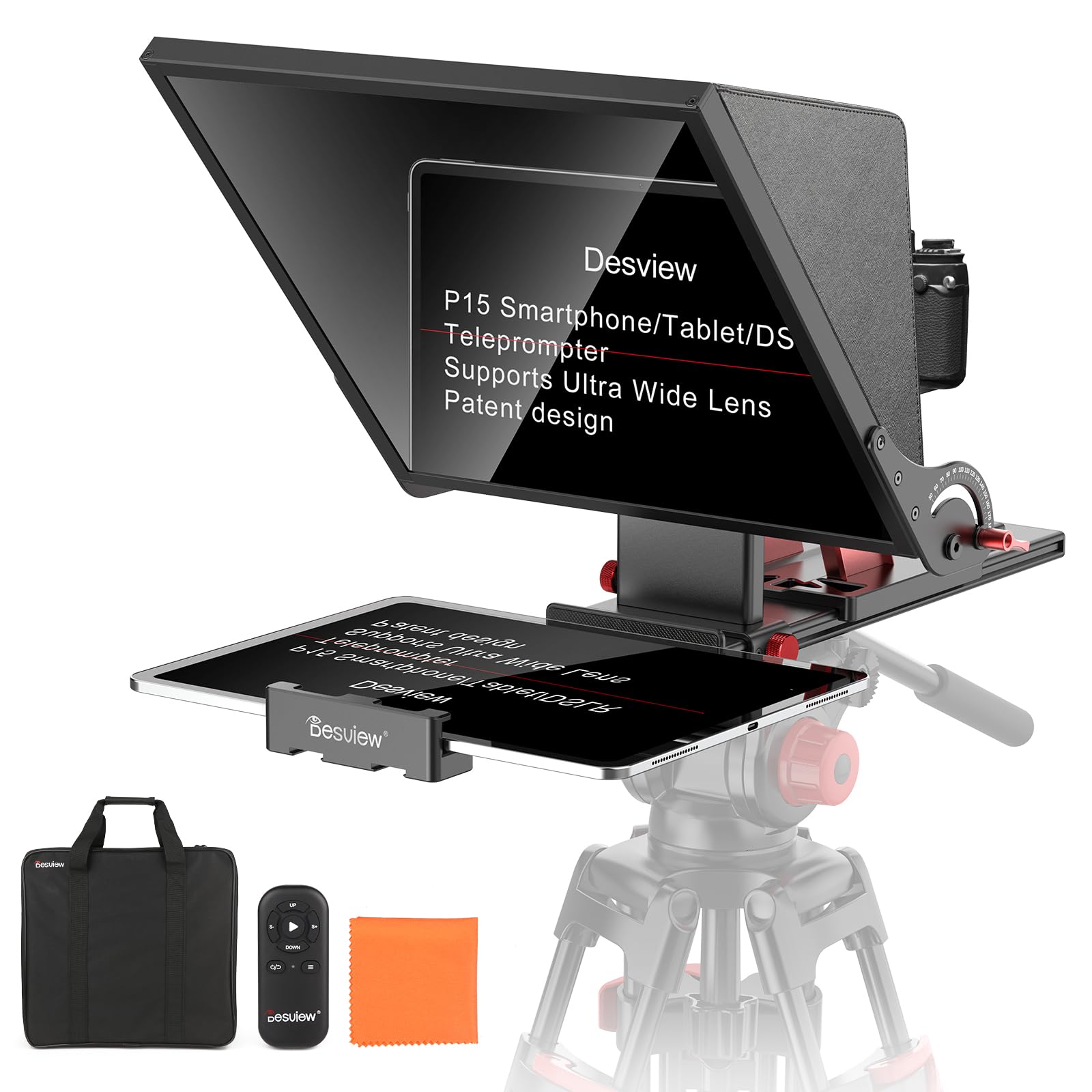 Desview P15 Aluminiumlegierung Hebbarer Teleprompter, 15 Zoll Prompter für iPad Tablet Smartphone DSLR Kamera, Kompatibel mit iOS Android, Fernbedienung und App für Videoaufnahmen, Live-Streaming