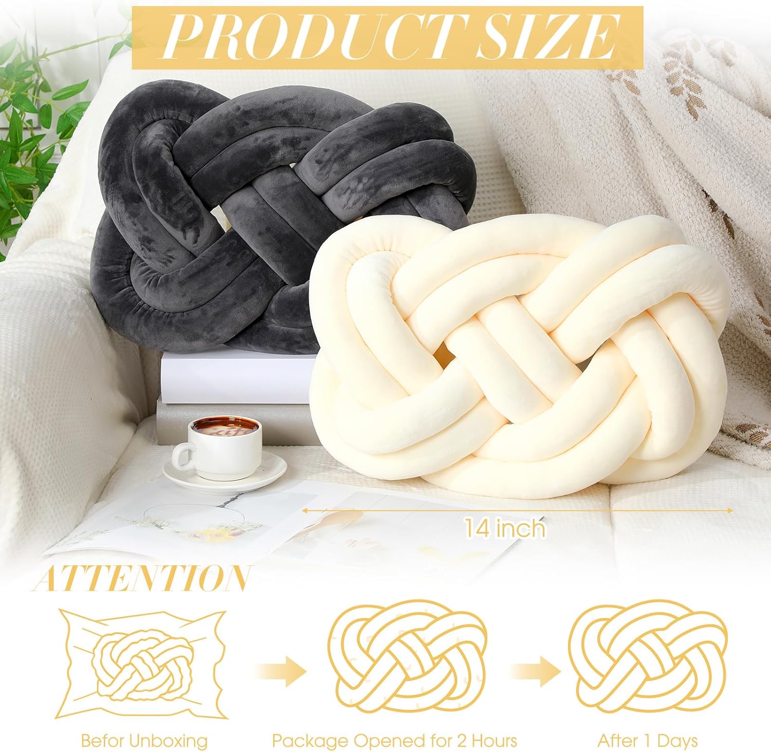 Sintuff Set of 2 Velvet Knot Pillow Ball 14 x 16 Inch Soft Decorative Knotted Throw Pillow for Christmas Thanksgiving Couch Home Sofa Bedroom Decor to Add Comfort and Style(White and Gray)