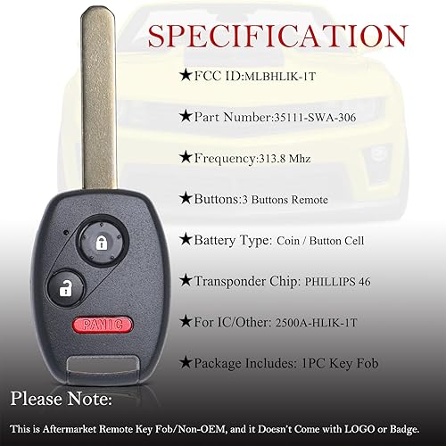 Miniatura 3 de MechanMagic Control remoto de repuesto para Honda CRV 2007 2008 2009 2010 2011 2012 2013/CRZ 2007-2014 2015/Fit/Insight/Accord Coupe/Crosstour