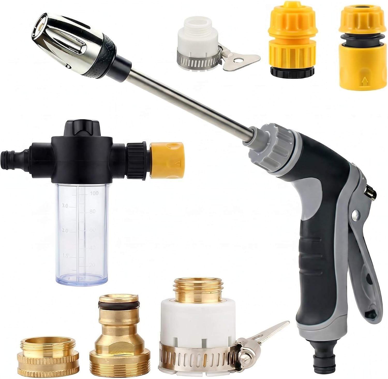 Long Wand Hose Nozzle Sprayer with Foam Bottle, Adjustable Water Spray Gun with 6 Adapters, Trigger Lock and Rubber Grip for Car Wash, Garden Watering and Outdoor Use, 1 Pack