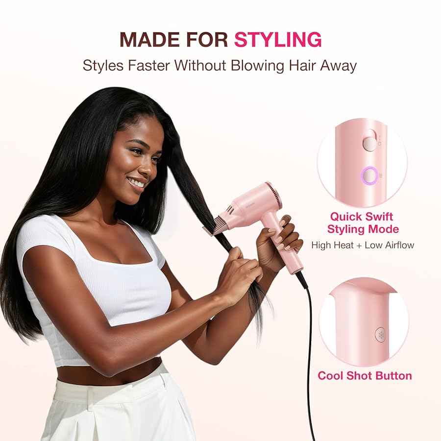 High-Speed Hair Dryer 1875W Ionic & Plasma, Blow Dryer with Diffuser & Comb Nozzle for Curly or Thick Hair, Compact 110000 RPM Fast Drying Lightweight Hair Dryer for Women with Concentrator, Pink - image 5