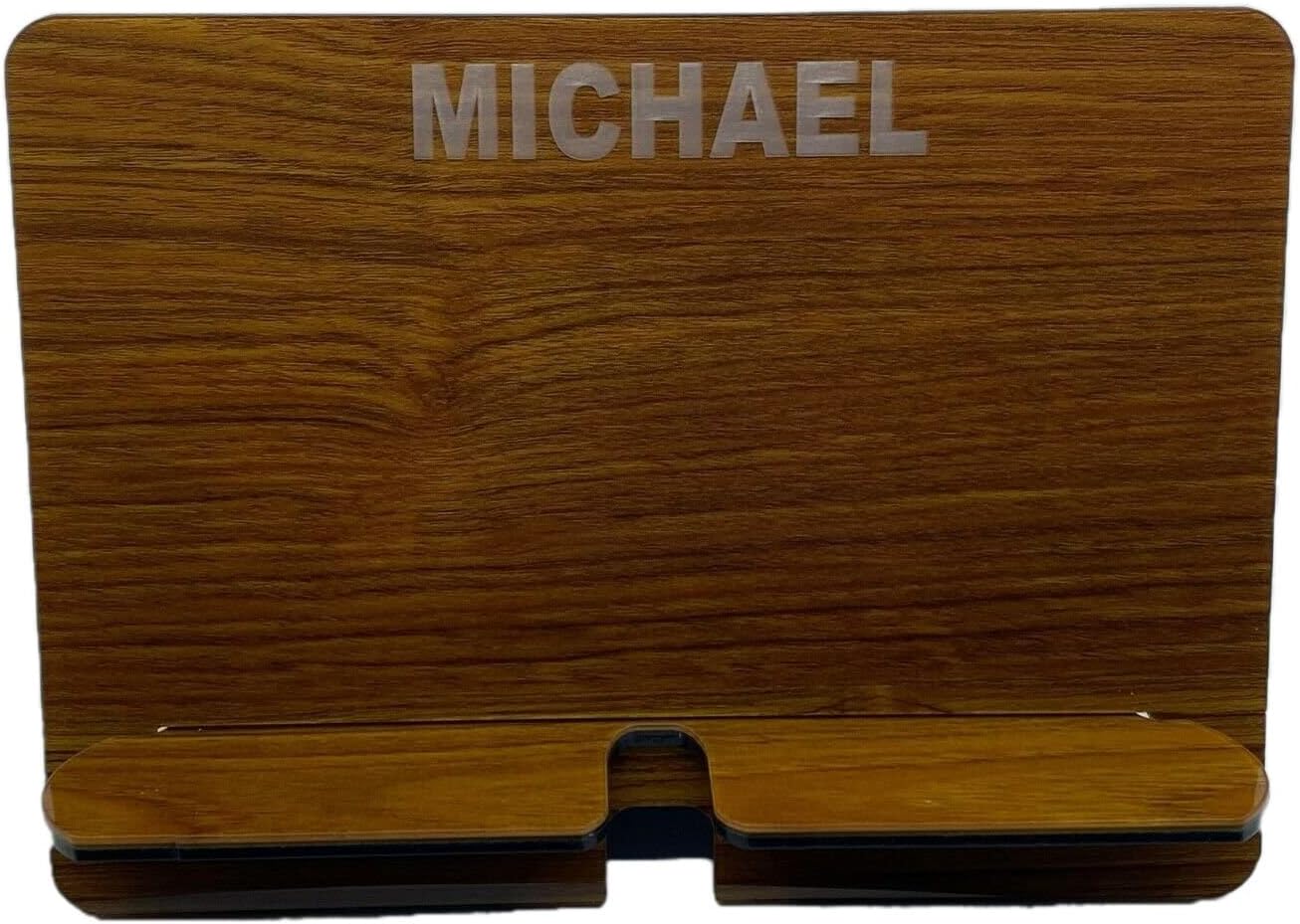 MIRROR MANIA Wood Tone Acrylic Tablet Ipad Holder Stand Custom Desktop Organizer Personalized Free Engraved Made to Order, Features Crafted Designed Space for Charging Cord