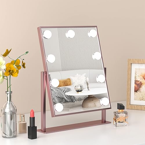 COSMIRROR Hollywood - Espejo de maquillaje con luces, espejo de maquillaje con luz LED con 9 bombillas regulables y 3 modos de iluminación de color,