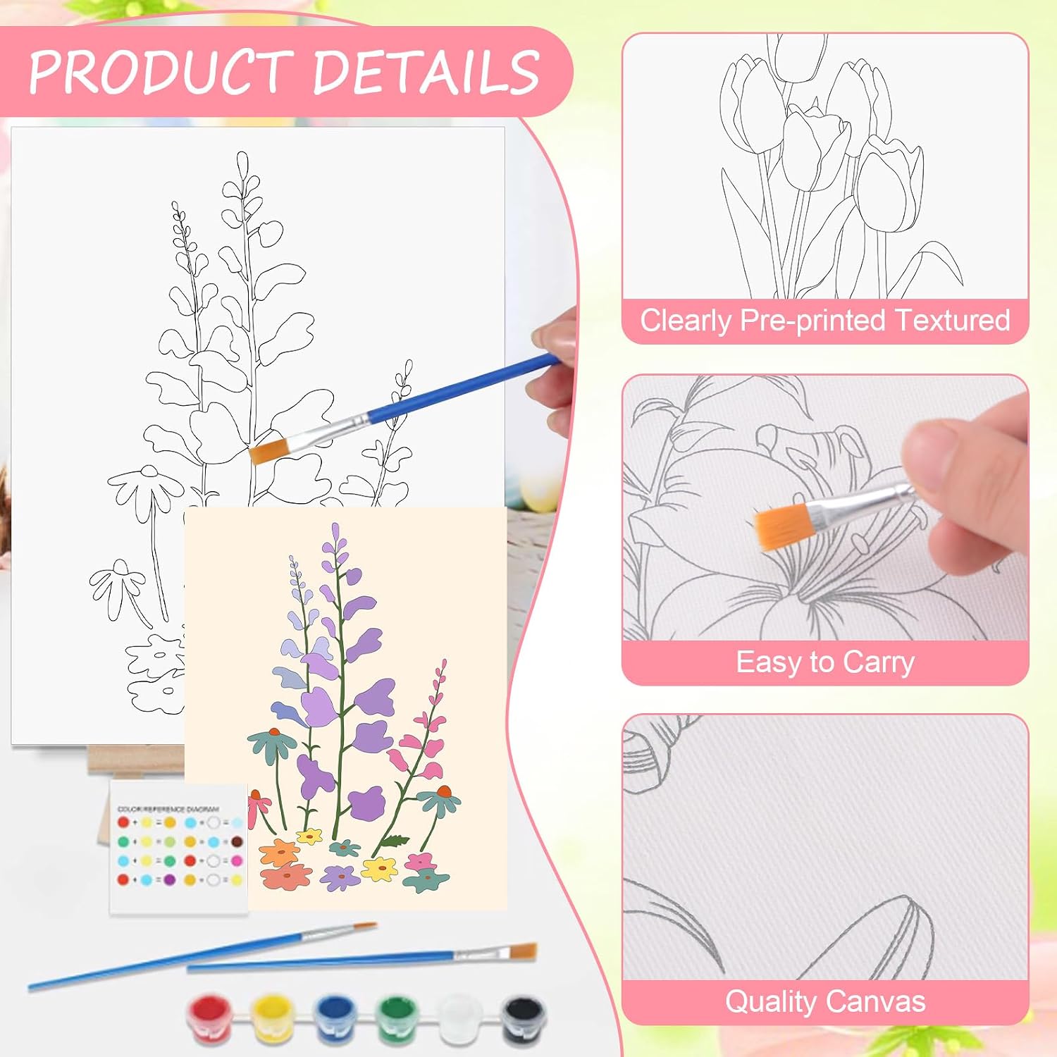 HICOHAND Pre Printed Canvases, 9 PCS Colorful Floral Tulip Pre Drawn Painting Canvas Set with Brushes for Adults Party Student Party Home Decor DIY Gift Supplies, 7.87 x 9.84 in image 3