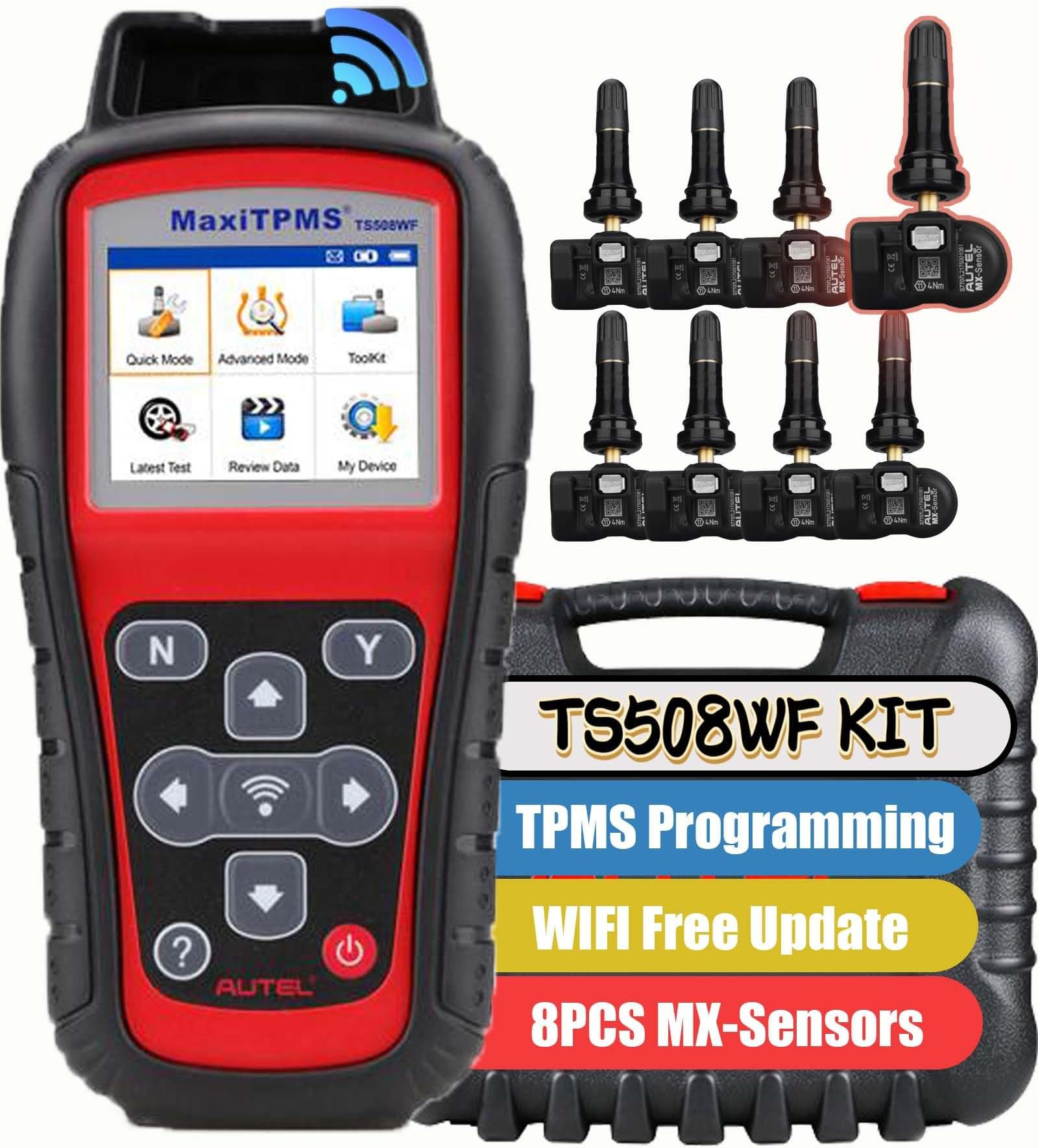 MaxiTPMS TS508WF KIT Upgrade of TS508K/TS508/TS501/TS408, TPMS Scan Tool with 8PCS 315MHz+433MHz MX-Sensor Read Clear DTCs TPMS Reset OBD Relearn Activate TPMS Prógramming Free Update