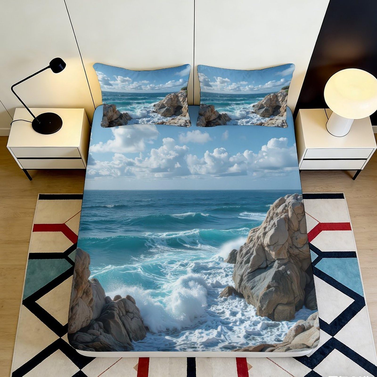 3D Printed Ocean View Fitted Sheet Microfiber Deep Pocket Bedroom Bedding Sea Mattress Fitted Cover Elastic Hem Washable 140x200x25cm