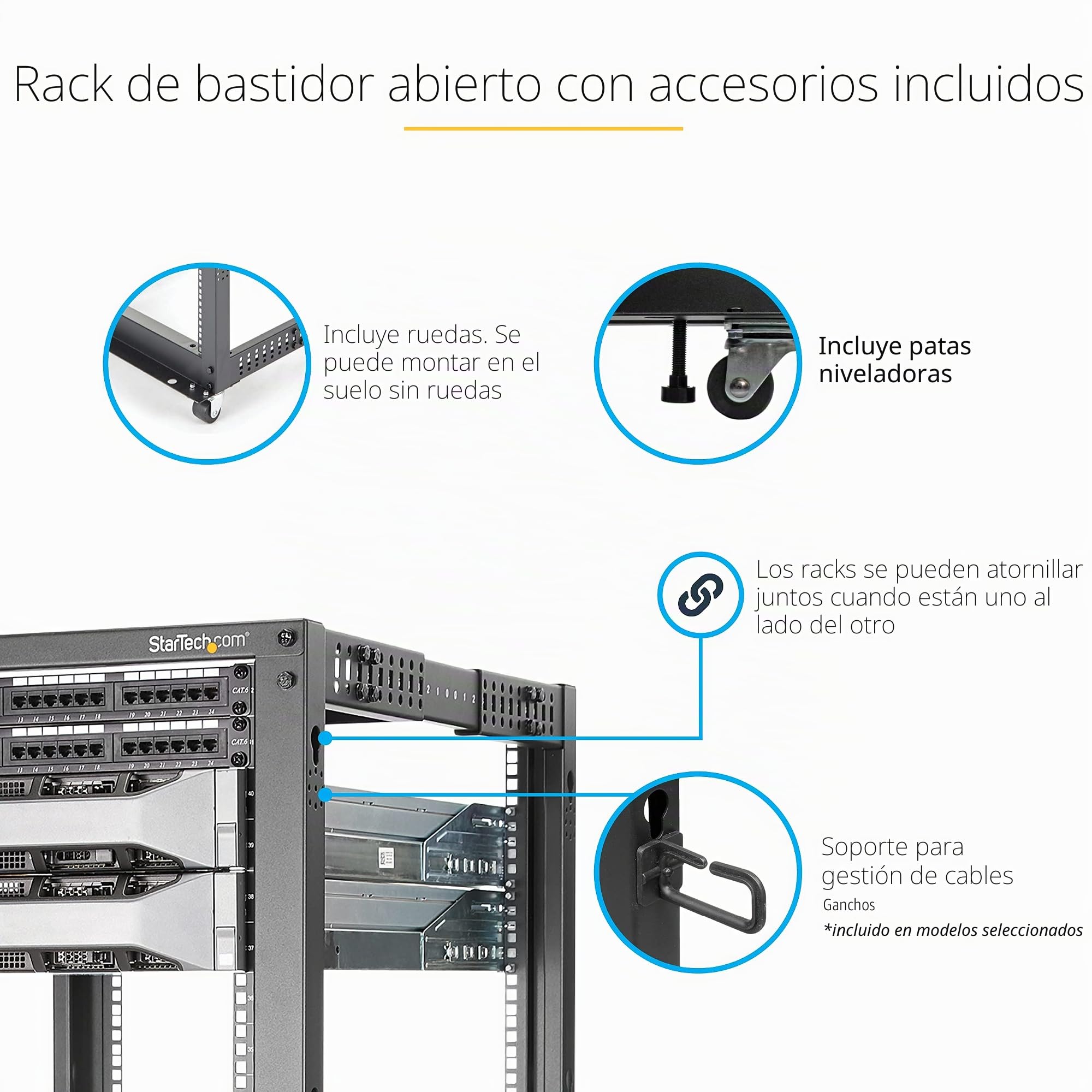 StarTech Rack Abierto 18U 4 Columnas 19in, Profundidad 101cm, Móvil, 544kg | Compatible con equipos informáticos, Cumple EIA/ECA-310-E, Tuercas jaula y tornillos incluidos