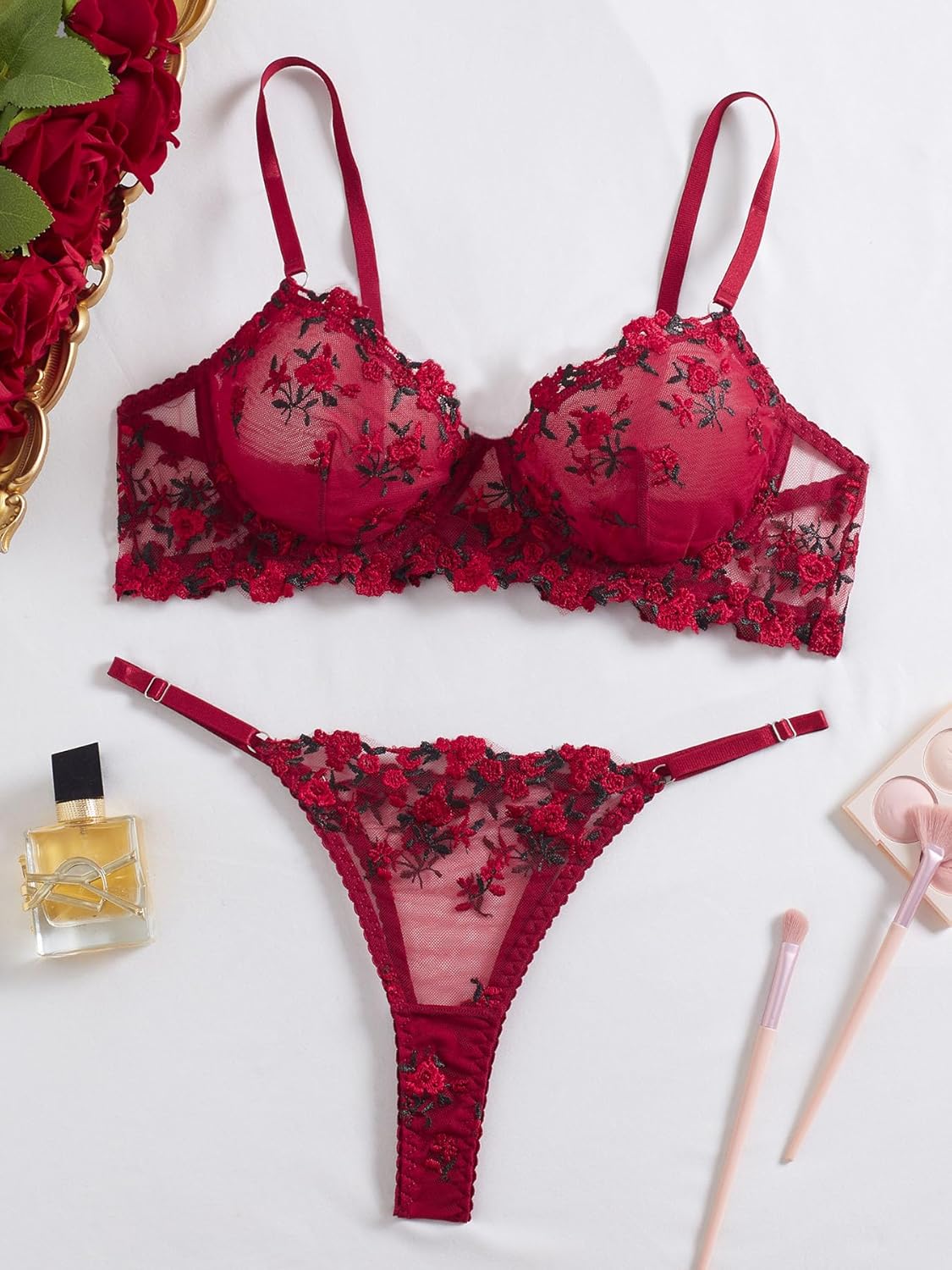 Sexy Floral Embroidered Flower Mesh Underwire Push Up Lingerie Set