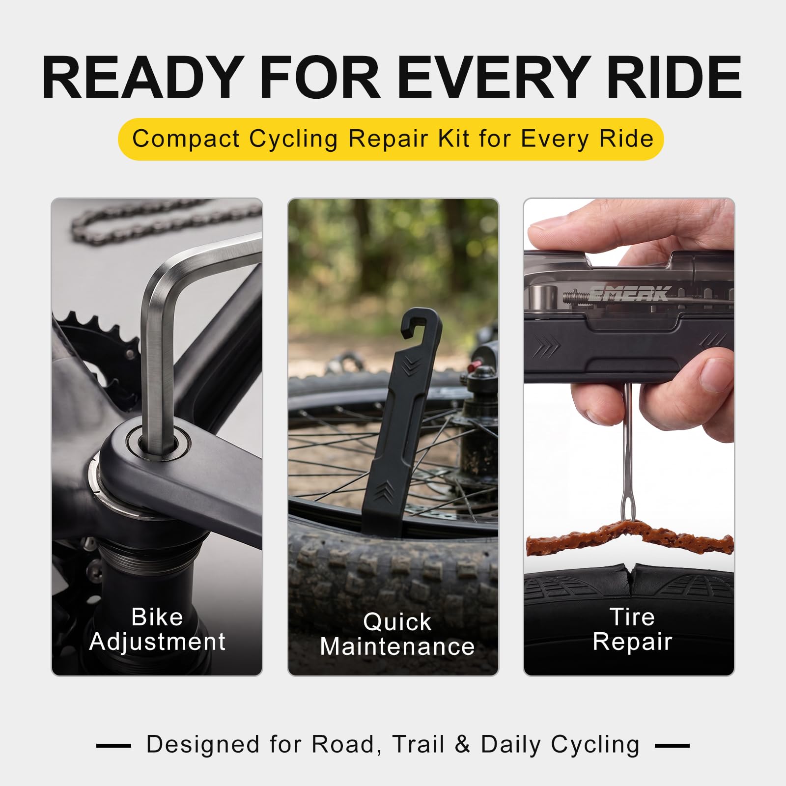 EMERK Fahrrad-Reparatur-Werkzeug-Set, tragbares Fahrrad-Multifunktionswerkzeug mit L-Schlüssel, 7 Bits, 0,6 cm Adapter, Reifenheber und schlauchloses Reifenstecker-Set für Straße, Mountain und E-Bikes