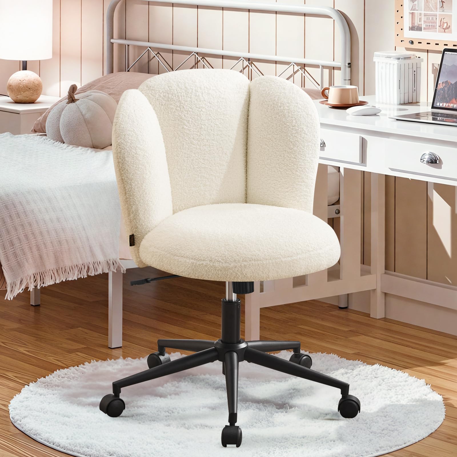 Fauteuil de Bureau, Chaise de Coiffeuse, Chaise Bureau Réglable en Hauteur avec Dossier Inclinable Pivotante à 360°, Fauteuil Coquillage Design Fleur en Bouclé pour Salon Chambre, Blanc