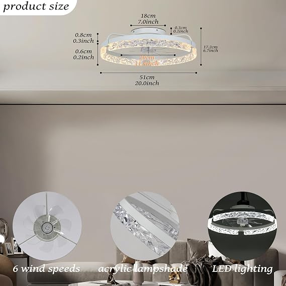 20 Flush Mount Ceiling Fan with LED Lights Remote Control