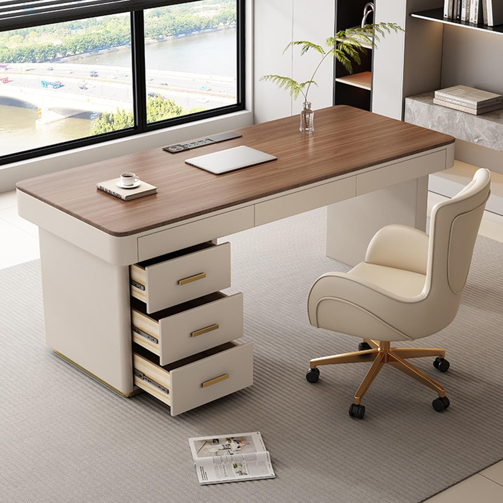 Escritorio Ejecutivo Moderno y Lujoso de Madera Maciza Estilo Crema