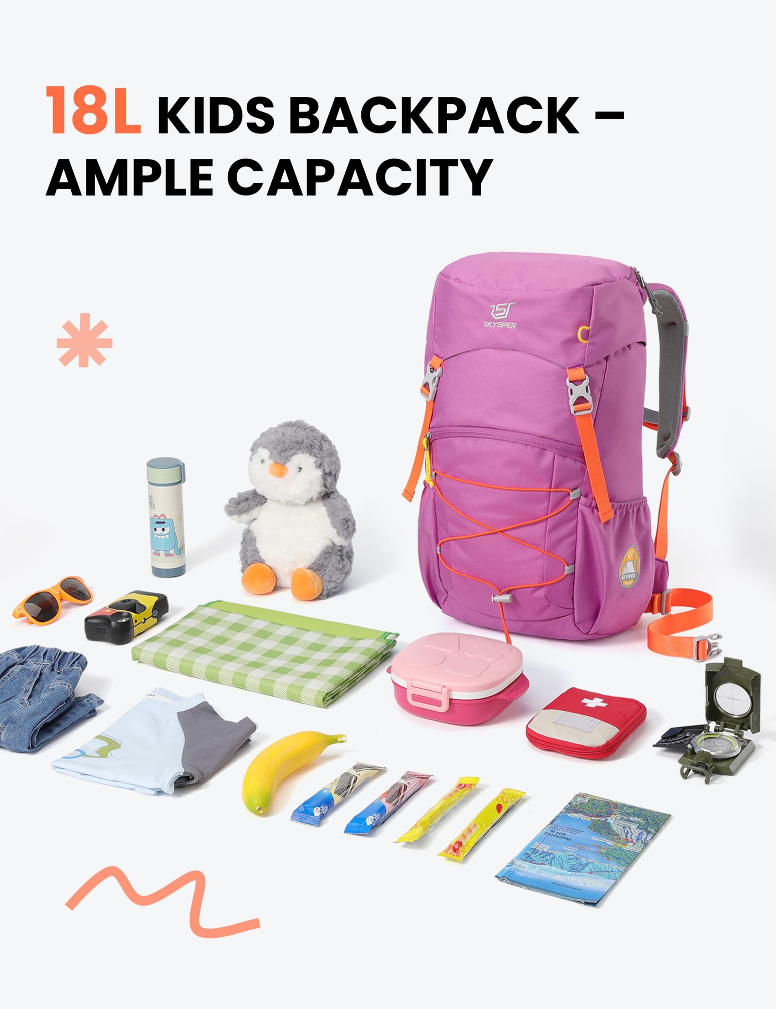 SKYSPER Plecak dziecięcy 18L, plecak z pokrowcem przeciwdeszczowym, Fioletowy, 18L, Casual | dla dzieci, dziewczynek, do podróży, aktywności na świeżym powietrzu, na kemping, wędrówki dla dzieci