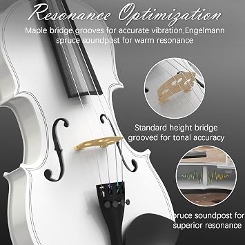 Violin 4/4 Full Size Kit, Beginner Violin for Adults, Complete Full Size Violins with Portable Case, Bow, Rosin, White Finish