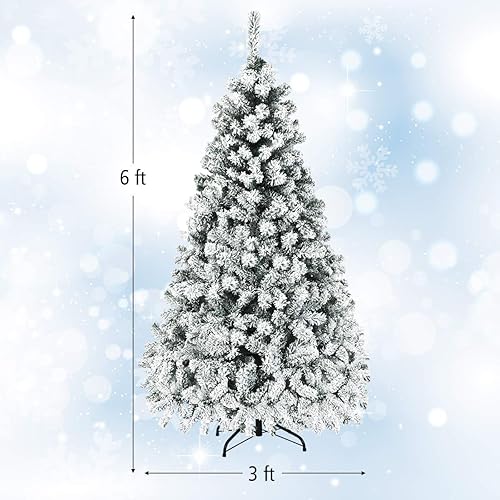 Miniatura 2 de DORTALA Árbol de Navidad preiluminado, árbol de Navidad artificial flocado de nieve de 6 pies con 600 puntas de ramas de PVC, 250 luces LED blancas
