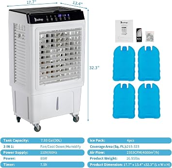 3 in 1 Portable Evaporative Cooler with 4 Ice Packs & 7.93 Gal Large Water Tank, 2353CFM Cooling Fan with Remote, 7.5H Timer, 3 Speeds, 90 Oscillation, Air Conditioner Portable for Indoor Outdoor