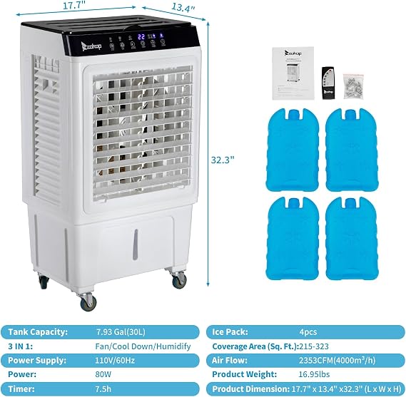 3 in 1 Portable Evaporative Cooler with 4 Ice Packs & 7.93 Gal Large Water Tank, 2353CFM Cooling Fan with Remote, 7.5H Timer, 3 Speeds, 90 Oscillation, Air Conditioner Portable for Indoor Outdoor