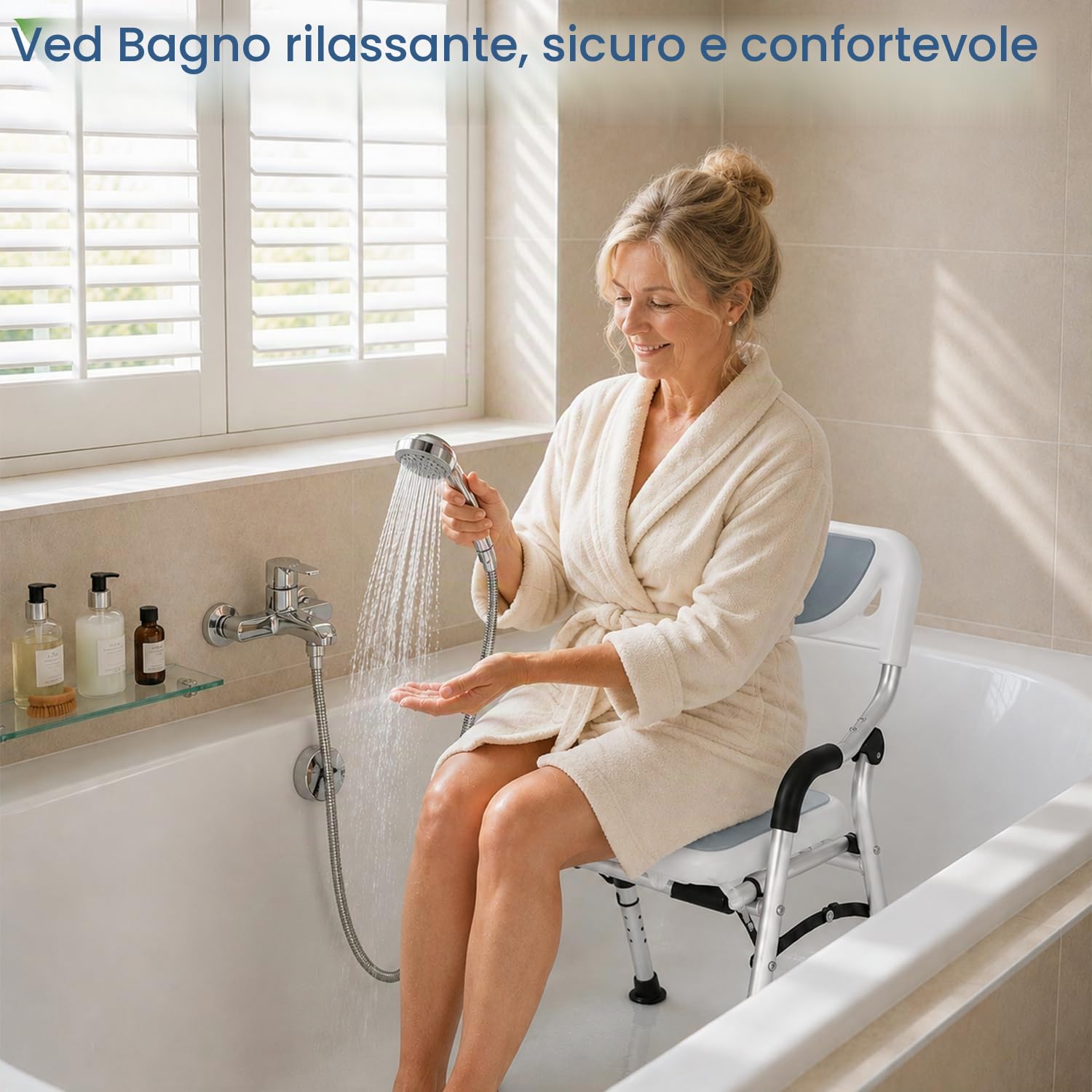 Sedia da doccia VED Stool, sedia da doccia pieghevole per vasca da bagno, sedile da bagno portatile con gambe in alluminio resistenti, regolabile con schienale per bagno.