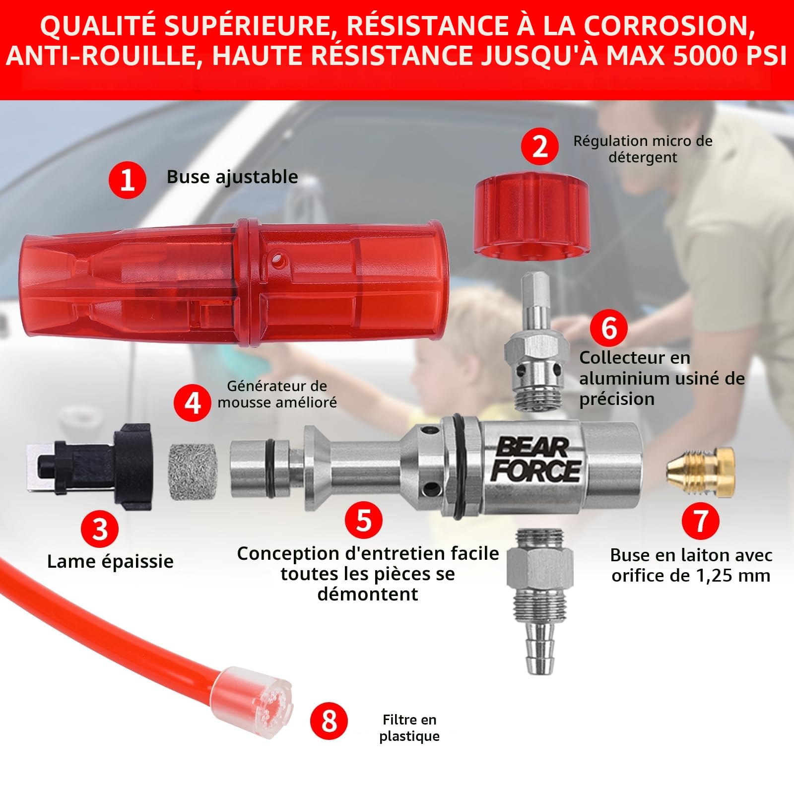BEAR FORCE Pistolet pulvérisateur pour nettoyeur haute pression M22-ID14mm et raccord rapide 1/4" lance à mousse de neige 1L, pour nettoyeurs haute pression Kär-cher K1 K2 K3 K4 K5 K6 K7, lavage auto