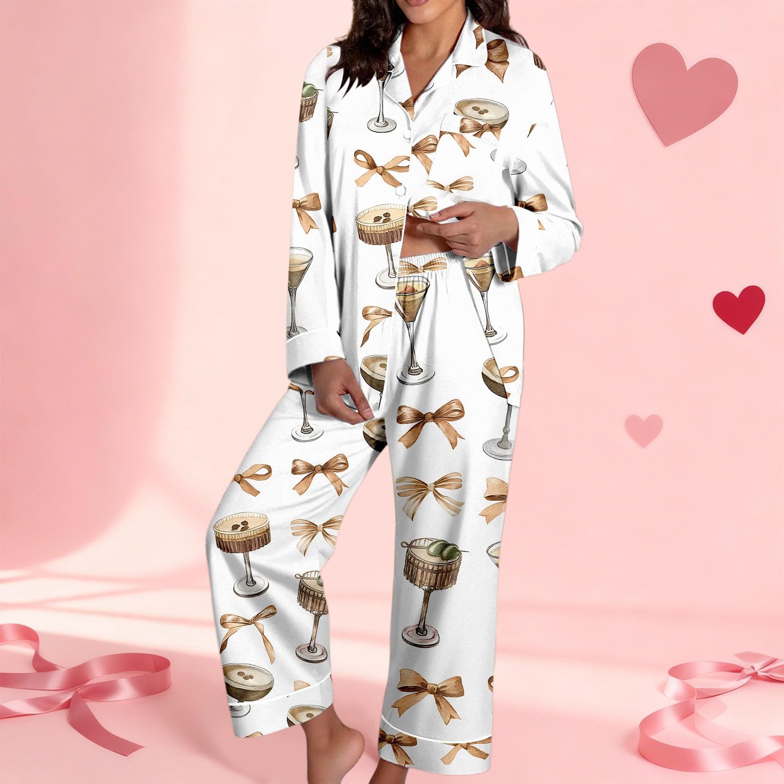 Lässiger mit Print, langärmeligem Oberteil Hose, weiche Bequeme Schlafbekleidung für Nacht mit elegantem Blumenmuster 8
