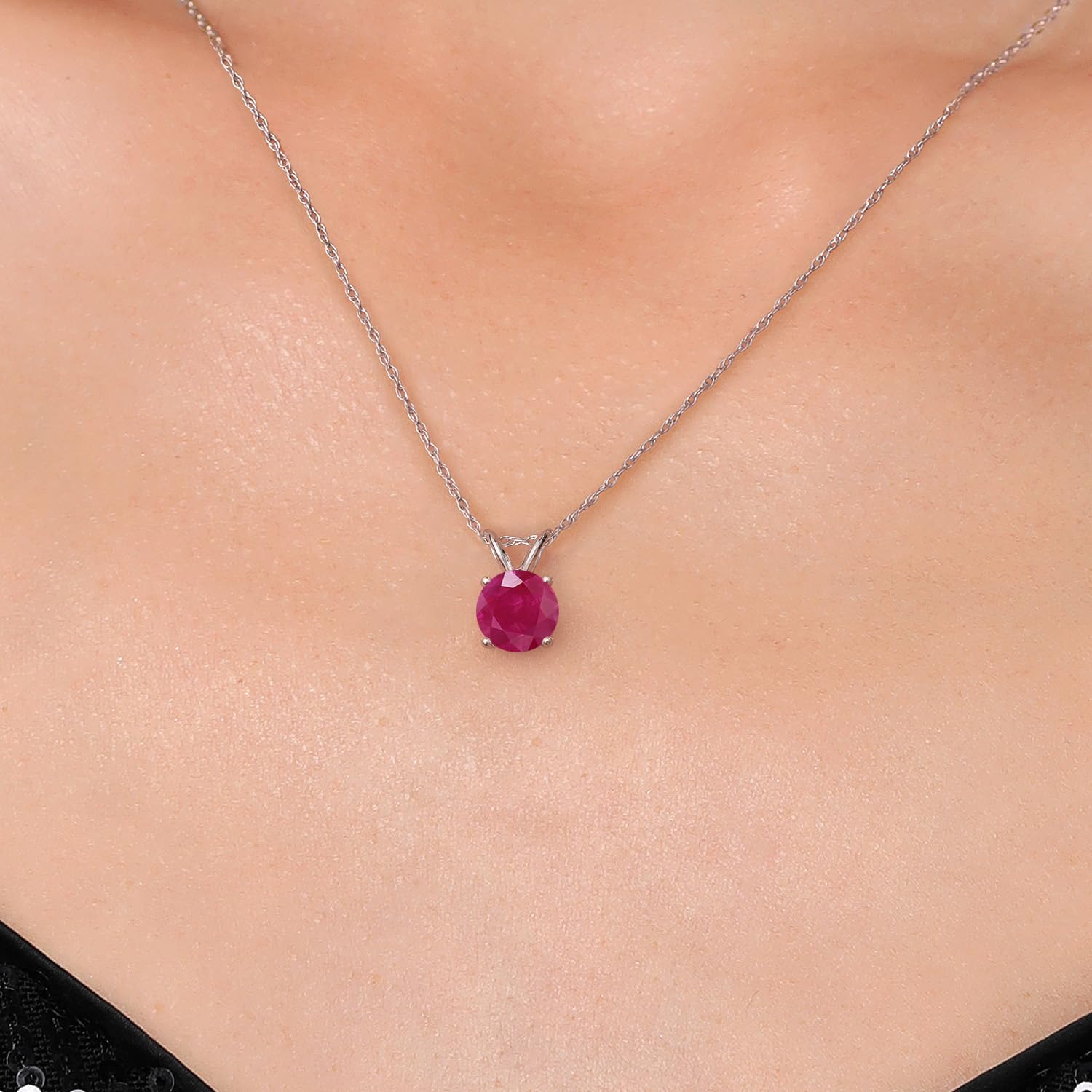 Gem Stone King 14K White Gold Red Ruby Pendant Necklace for Women | 1.00 Cttw | Gemstone July Birthstone | Round 6MM | With 18 Inch Chain - Image 3