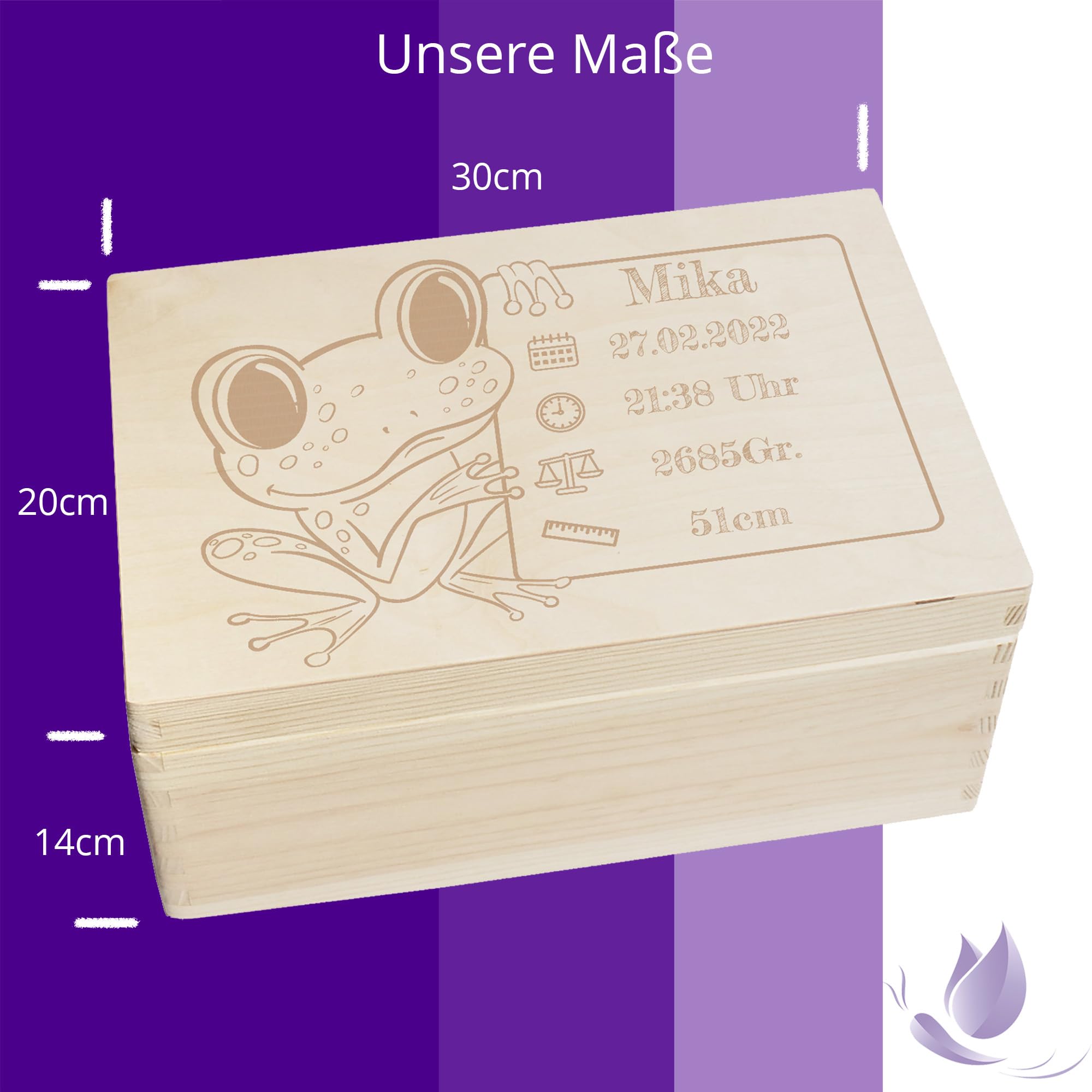 Scatola dei ricordi personalizzata per neonati e bambini con incisione a rana, scatola in legno per bei ricordi, 30 x 20 x 14 cm