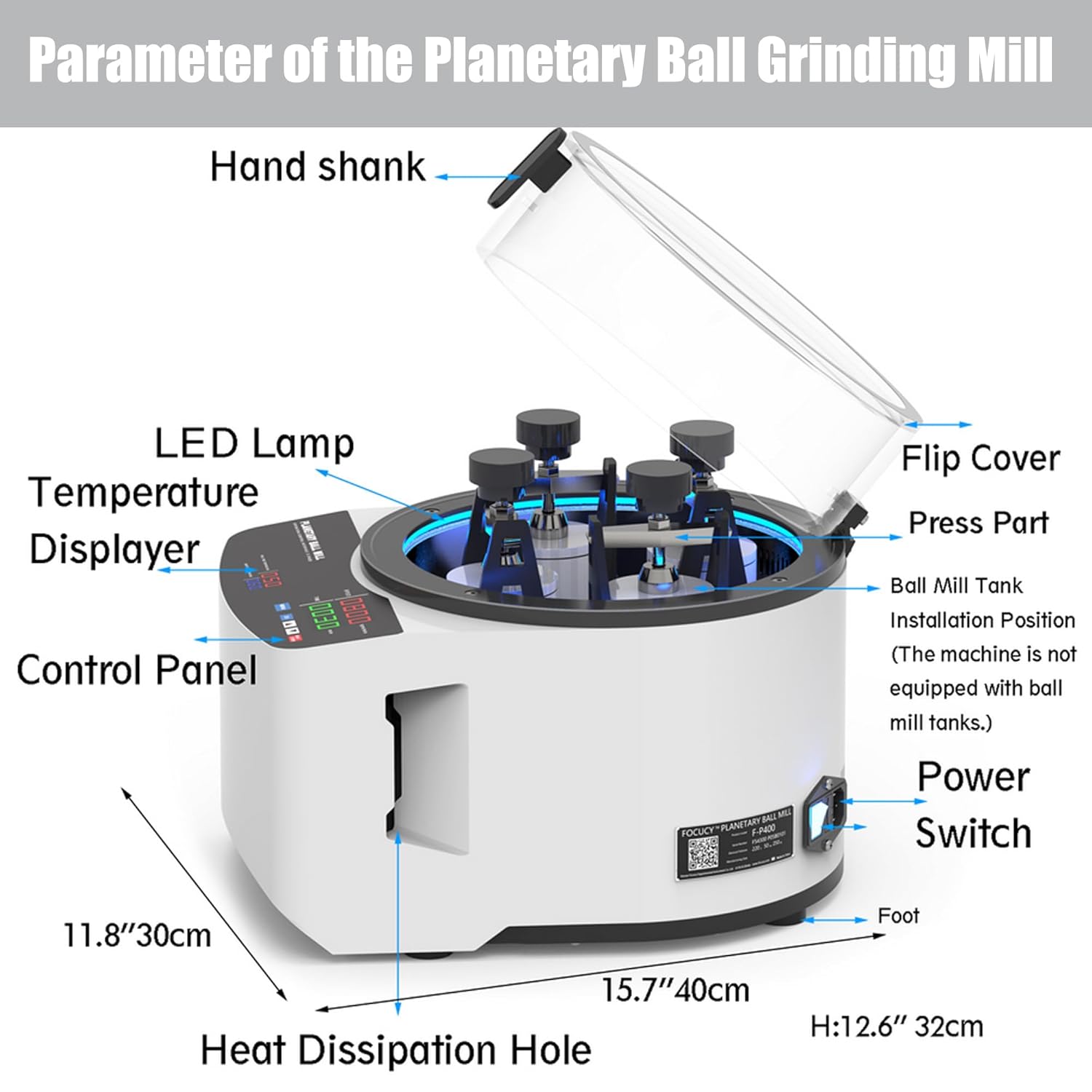 110V Planetary Ball Mill Standard Grinding Tank Capacity 4x100ml Jars, Laboratory Grinding Mill for Sample Preparation Featuring Control Panel for Timing and Speed Regulation No Balls, Jars