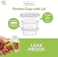 Vista 5 de {1.5 oz – 100 juegos} Vasos de plástico transparente con tapas, pequeños recipientes pequeños para control de porciones, chupitos de gelatina