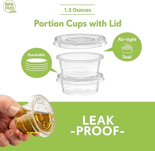 Miniatura 5 de 1.5 oz  200 juegos Vasos de plástico transparente con tapas, pequeños recipientes pequeños para control de porciones, chupitos de gelatina,