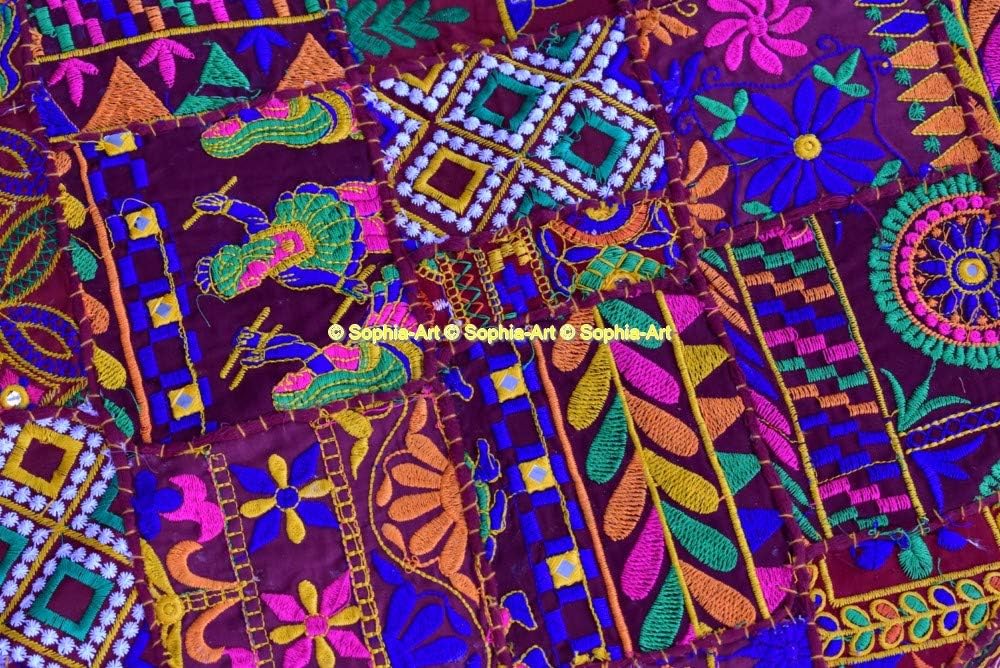 Sophia Art Round Floor Pillow Cushion Patchwork Pouf Ottoman Vintage Indian Foot Stool Bean Bag Floor Pillow Cover Home Decor Living Room Ottoman Bohemain Pillows (Dark Red Rajkoti, 32 Inch)