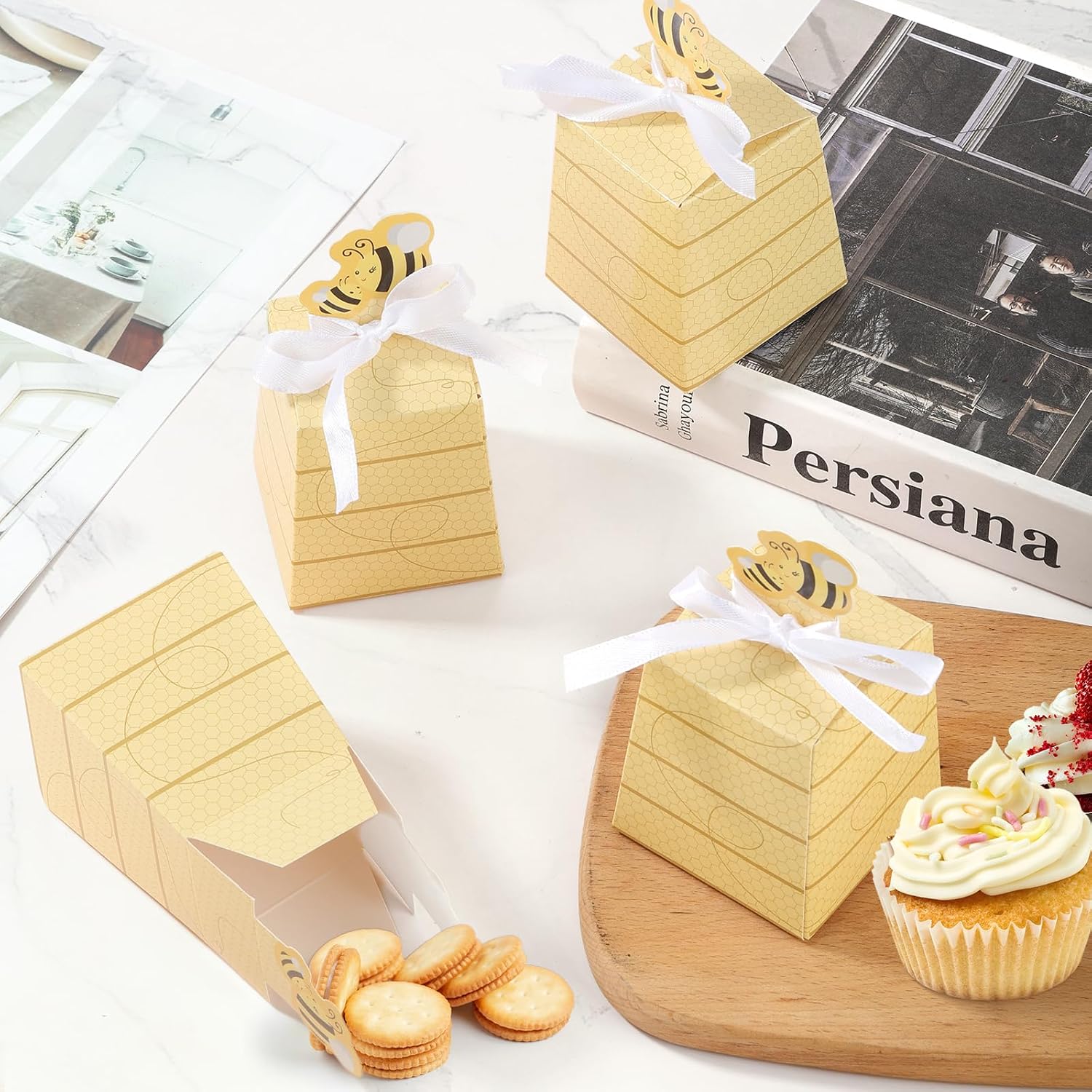 Cyblinia 50 Pack Bee Party Favor Boxes Treat Boxes Paper Beehive Gift Box for Birthday Party Supplies