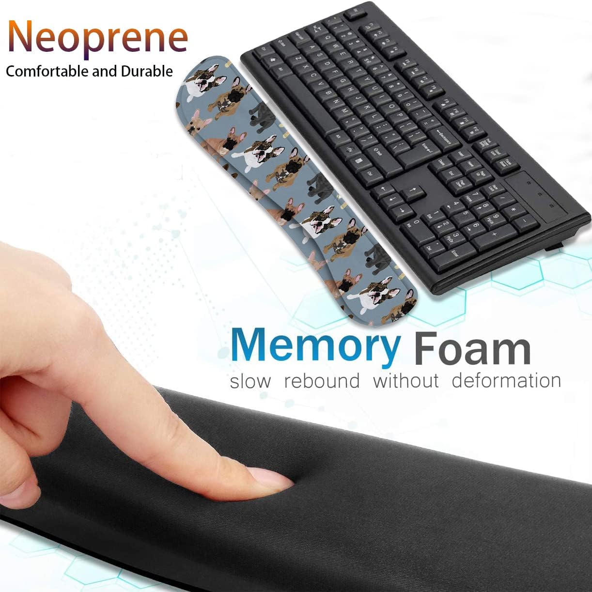 Keyboard Wrist Rest Pad + Square Mouse Pad + Wrist Rest Support Pad + Coaster, Ergonomic Memory Wrist Rest Support 4-Piece Combo Set for Gaming and Office, French Bulldogs