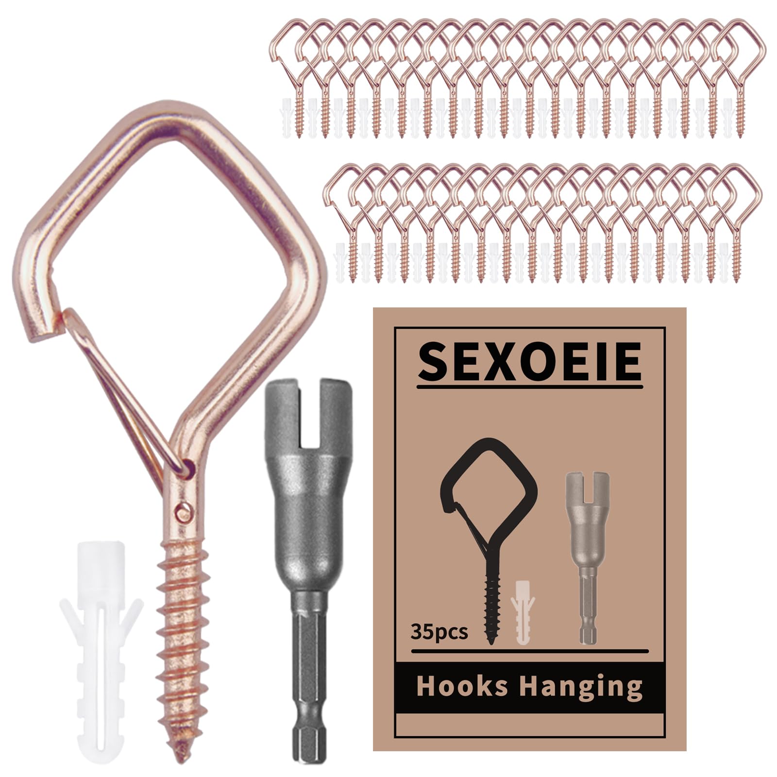 Sexoeie 35PCS Eye Screw Hooks for Hanging Heavy Duty with Safety Buckle.Metal Ceiling Hooks for Hanging Plants,Cup,Wind Chime,Bird Feeders,String Lights at Indoor&Outdoor,2.36 Inches Rose Gold