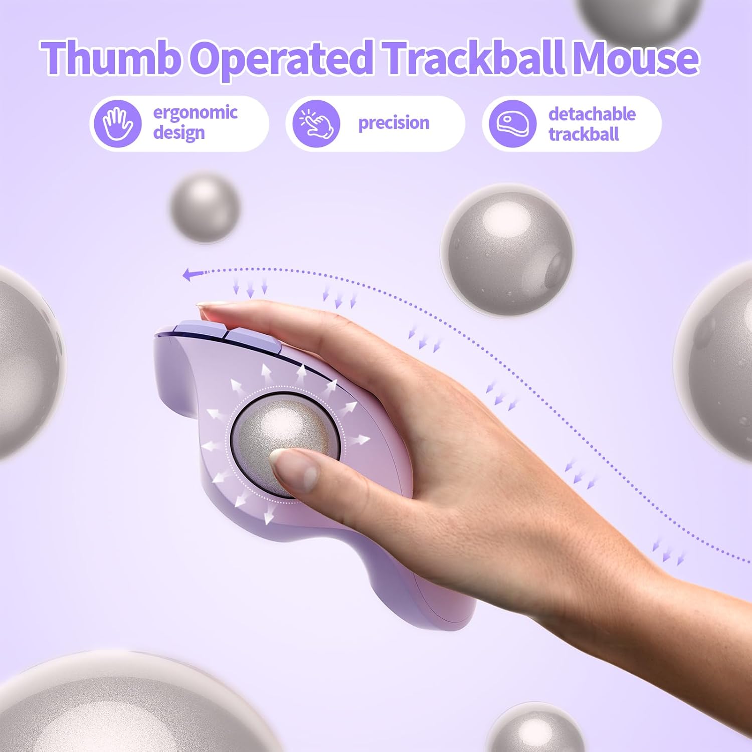 seenda Wireless Trackball Mouse, Bluetooth - Ergonomic Rollerball Mouse Rechargeable, 3 Device Connection Optical Mice Adjustable DPI Thumb Control Mice Compatible for Mac/Android/Windows-Light Purple