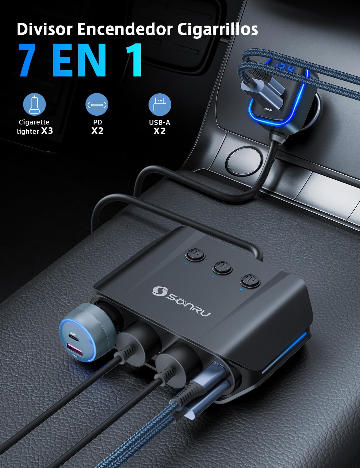 SONRU 7 en 1 Cargador Coche, 180 W [Doble PD & Carga Rápida 3.0] 12V/24V USB Cargador Mechero Coche, Compatible con Vehículos Recreativos, Dispositivos iPhone 17 Pro MAX, 16, 15, Samsung S25, GPS
