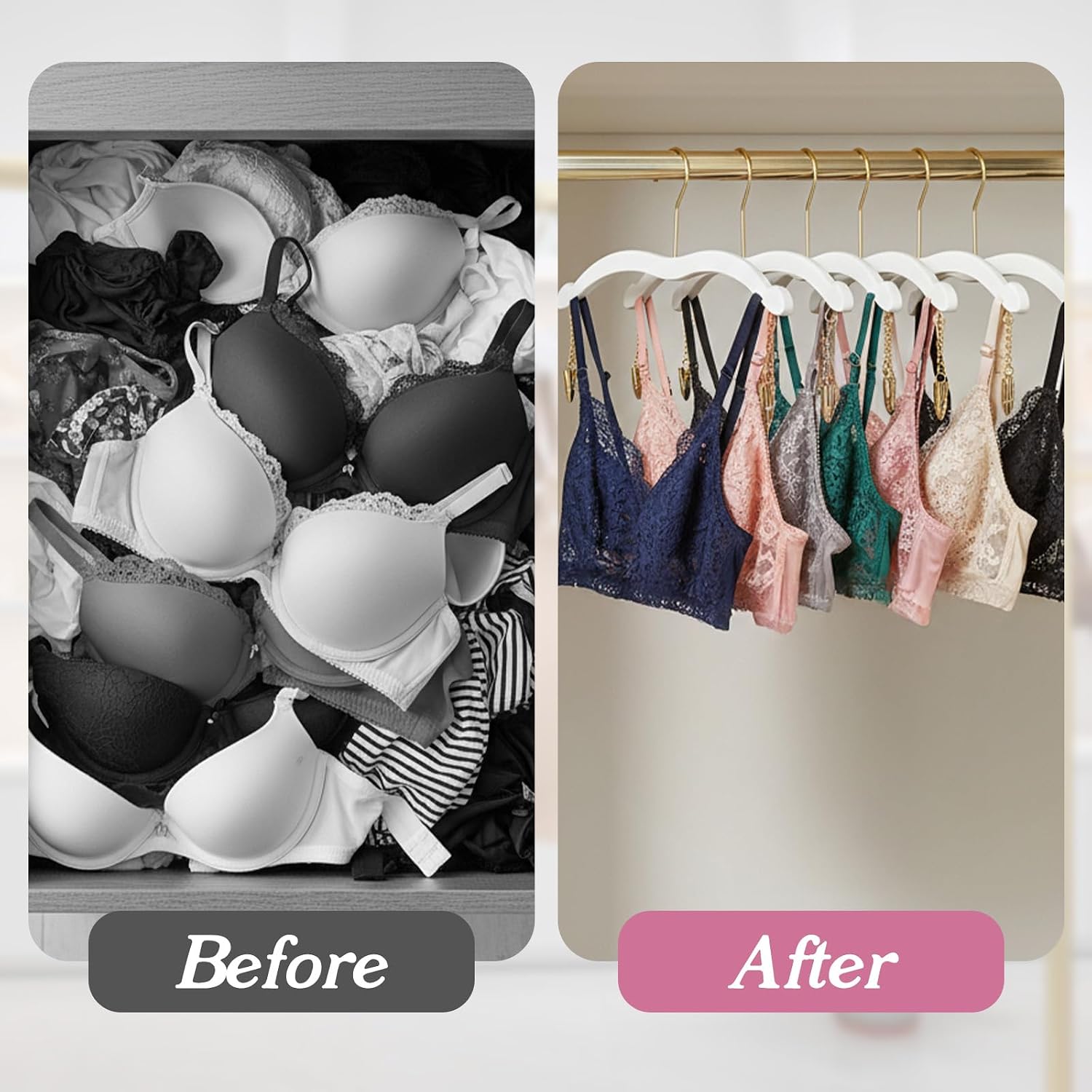 10 Pack Lingerie Hangers with Gold Metal Clips,Imitation Wood Grain Bralettes Bikini Hangers,Plastic Material Hanger for Bras,Tank Tops,Bralettes, Bikini