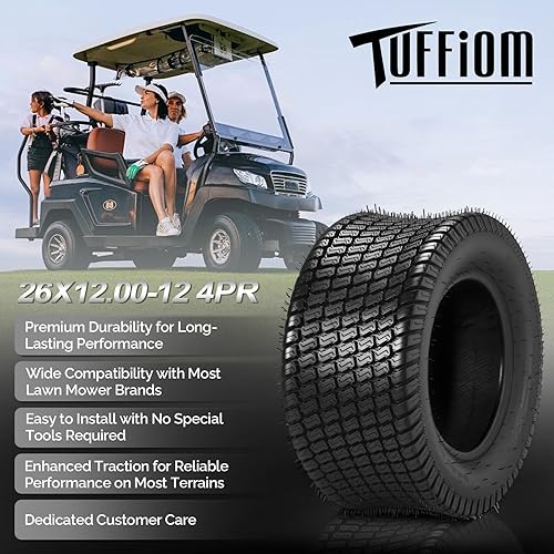Miniatura 2 de TUFFIOM Juego de 2 neumáticos para cortacésped 26x12.00-12, neumáticos de césped 4PR para césped y jardín para tractor de jardín, cortacésped, sin