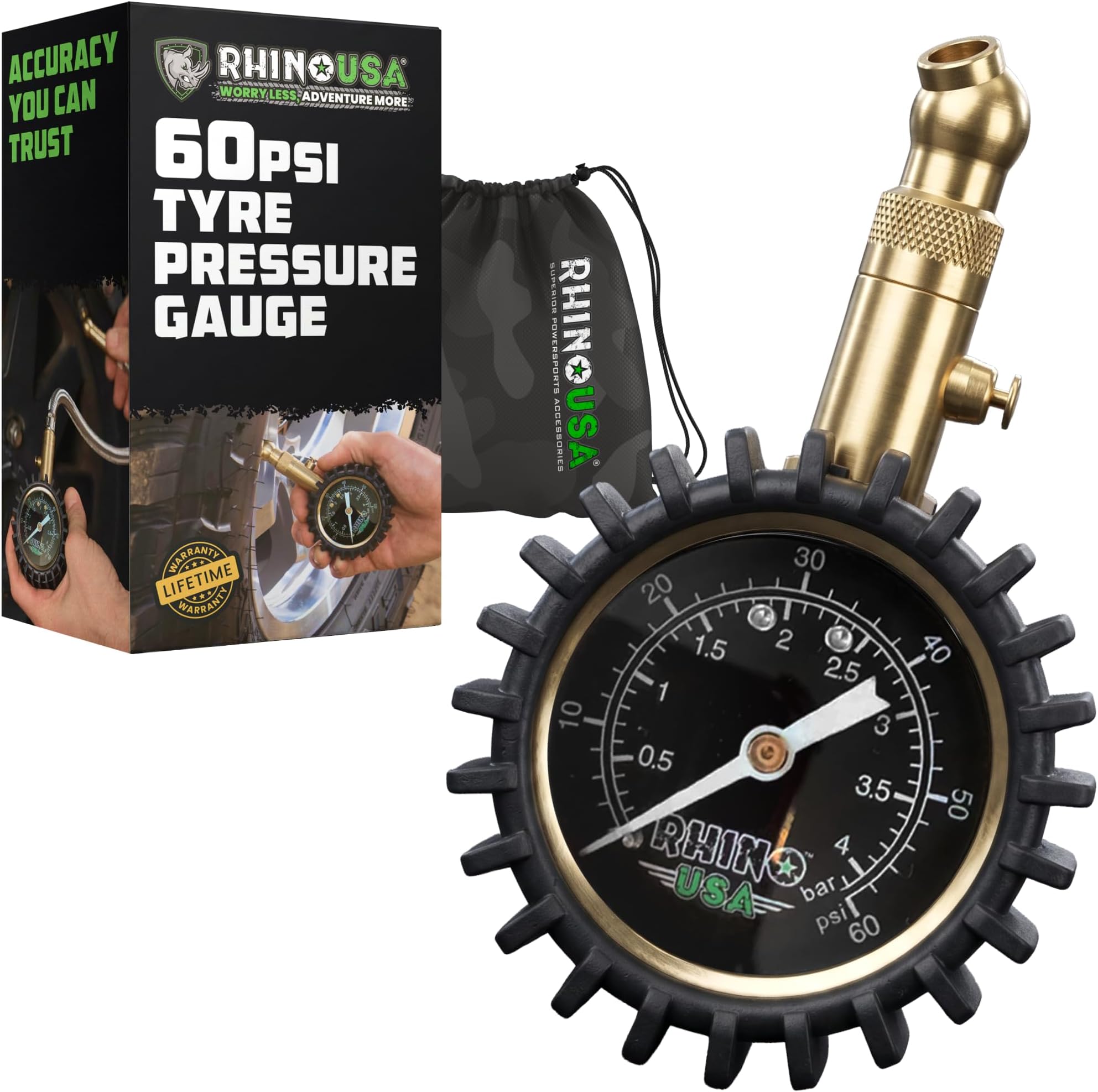 Rhino USA Heavy Duty Tire Pressure Gauge (0-60 PSI) - Certified ANSI B40.1 Accurate, Large 2" Easy Read Glow Dial, Premium Braided Hose, Solid Brass Hardware, Best For Any Car, Truck, Motorcycle, RV