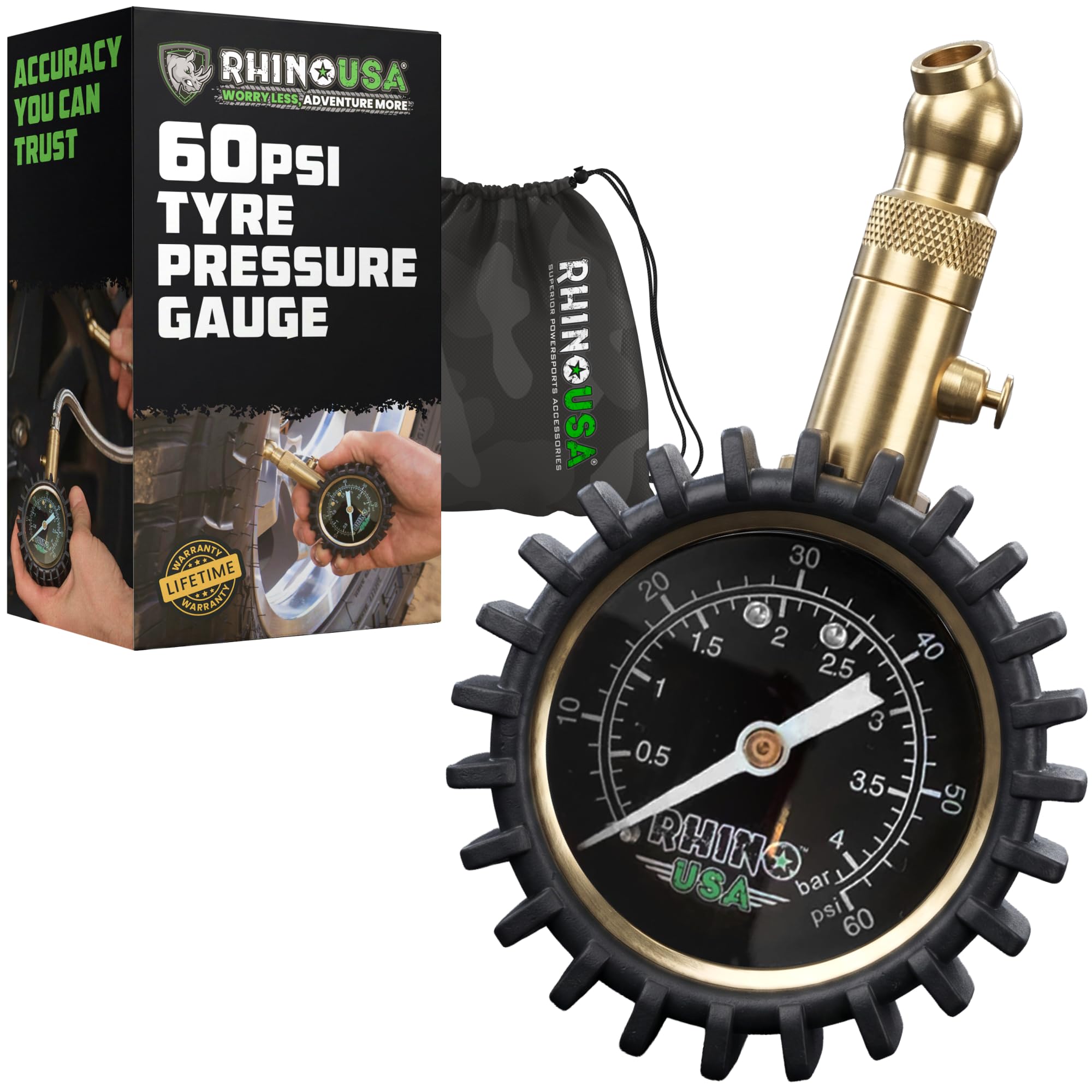 Rhino USA Heavy Duty Tire Pressure Gauge (0-60 PSI) - Certified ANSI B40.1 Accurate, Large 2" Easy Read Glow Dial, Braided Hose, Solid Brass Hardware, Best for Any Car, Truck, Motorcycle,-image-29