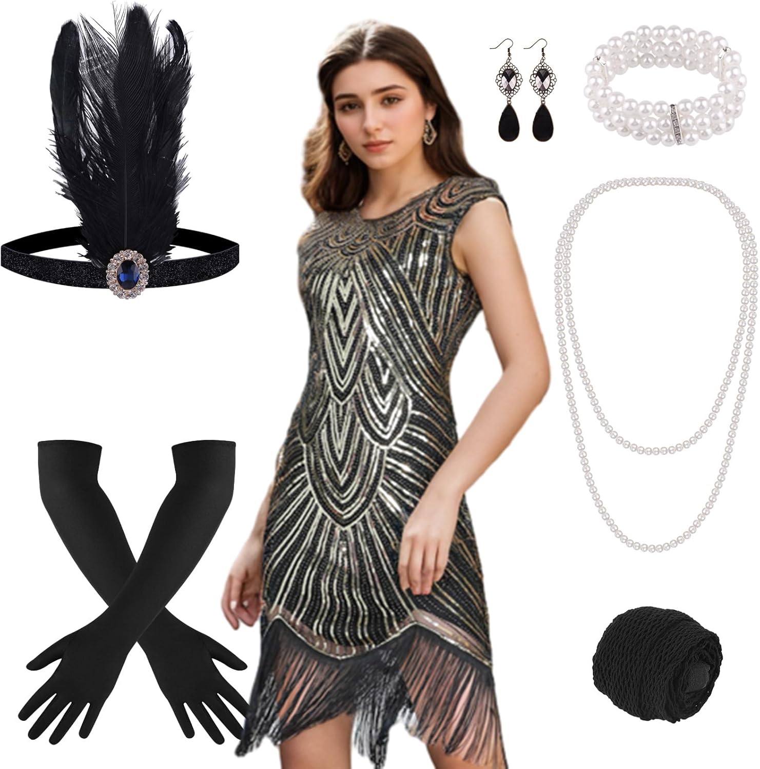 PLULON 1920s Dresses for Women, Sequin Fringed Gatsby Flapper Cocktail Dresses with 20s Accessories Set, Roaring 20s Costumes