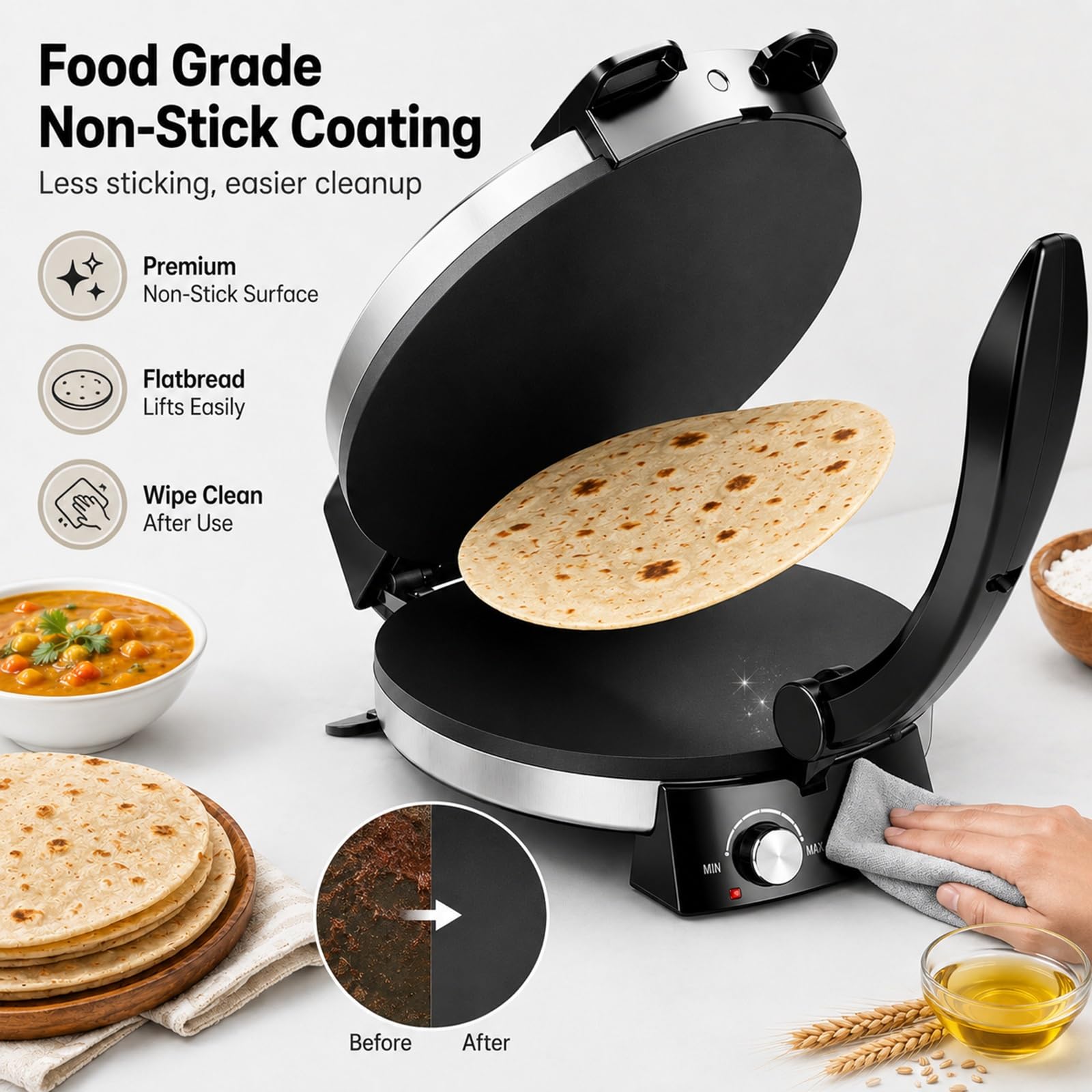 Máquina Eléctrica Roti 13", Prensa Antiadherente for Tortillas y Chapati | Máquina de Pan de Acero Inoxidable con Control de Temperatura for Auténticos Chapatis Indios y Tacos