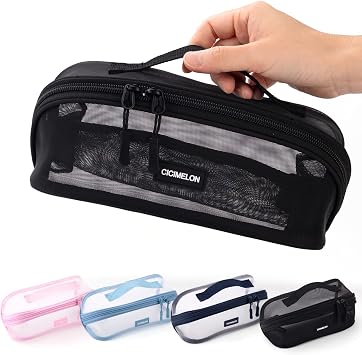 CICIMELON Mesh Pencil Pen Case Multi-Purpose Transparent Zipper Pouch for Stationery, Makeup, Travel Essentials Large Capacity Organizer Bag, Black