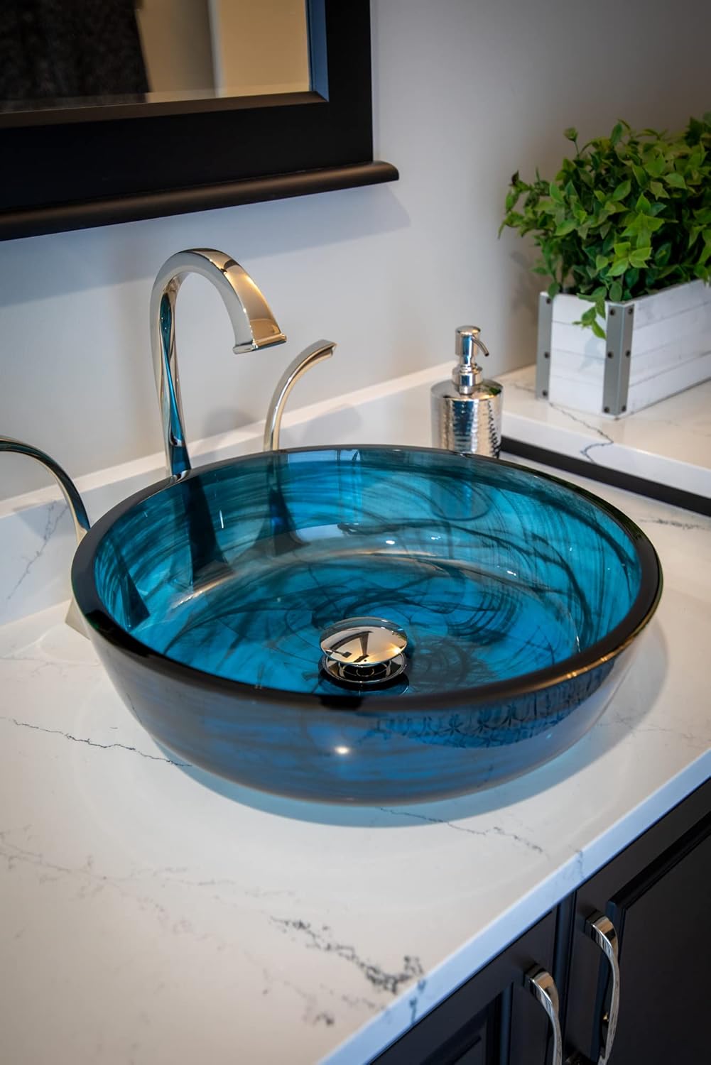 Eden Bath Transparent Dark Blue Mist Flat Bottom Glass Sink Bowl Bathroom Vessel Sink for Vanity Top