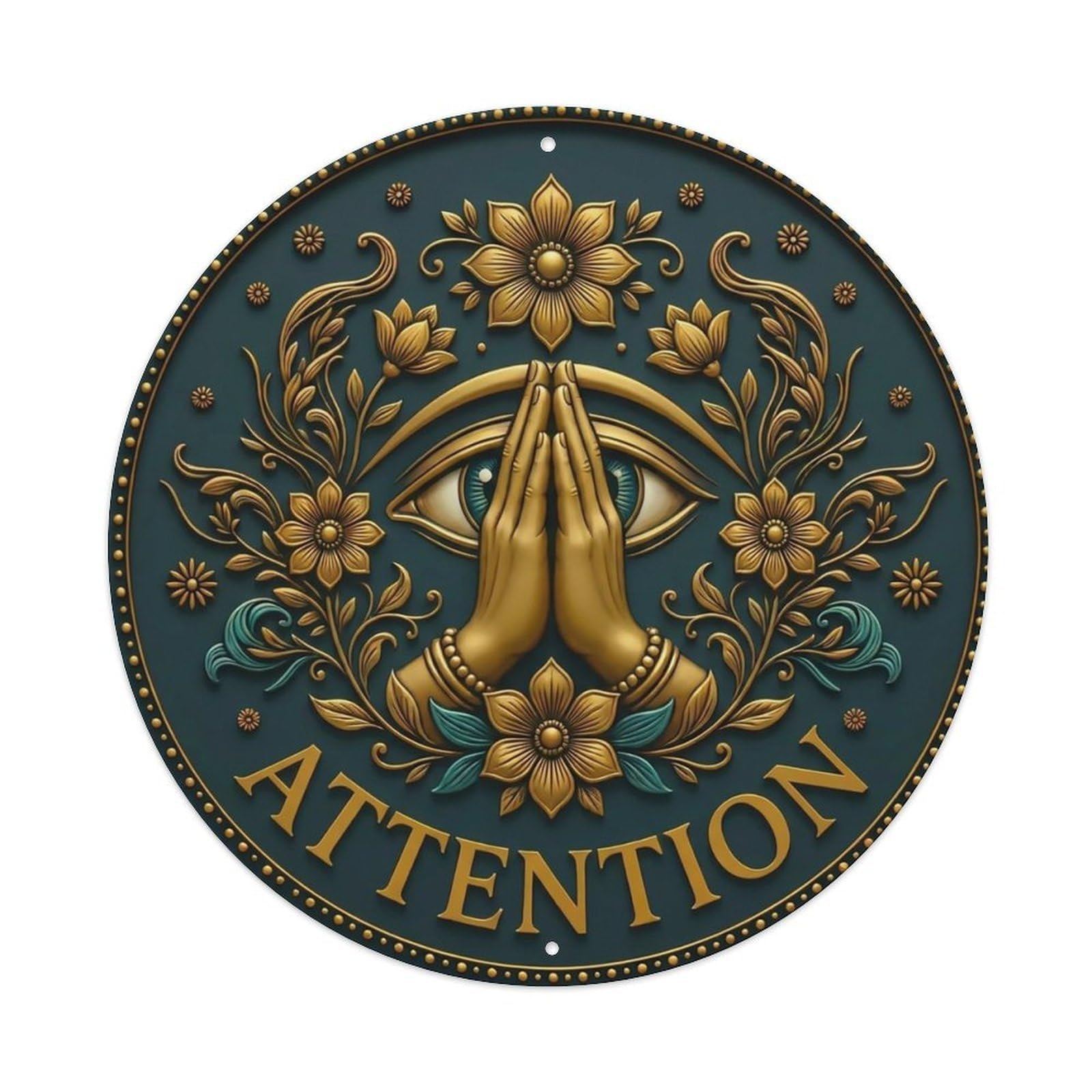 Vintage Namaste Praying Hands Attention Flower Zen Yoga Metal Tin Sign