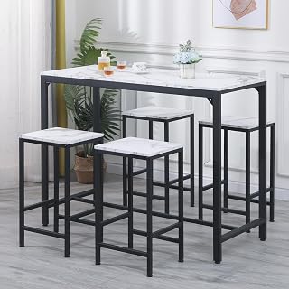 Redd Royal Dining Table and Chairs Set of 4 White Marble-Effect, Kitchen Bar Table and 4 Stools Set for Breakfast Counter Height Space-saving Wood Tabletop Metal Frame Home Apartment