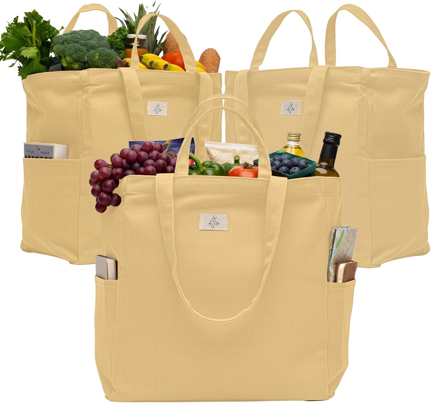 Nook Theory 3-Pack Reusable Grocery Bags - Heavy Duty, Large 12 Oz Cotton Canvas Reusable Shopping Bags With Pockets, 100% Cotton Cloth Grocery Totes, Foldable Multi Compartment (Sand)