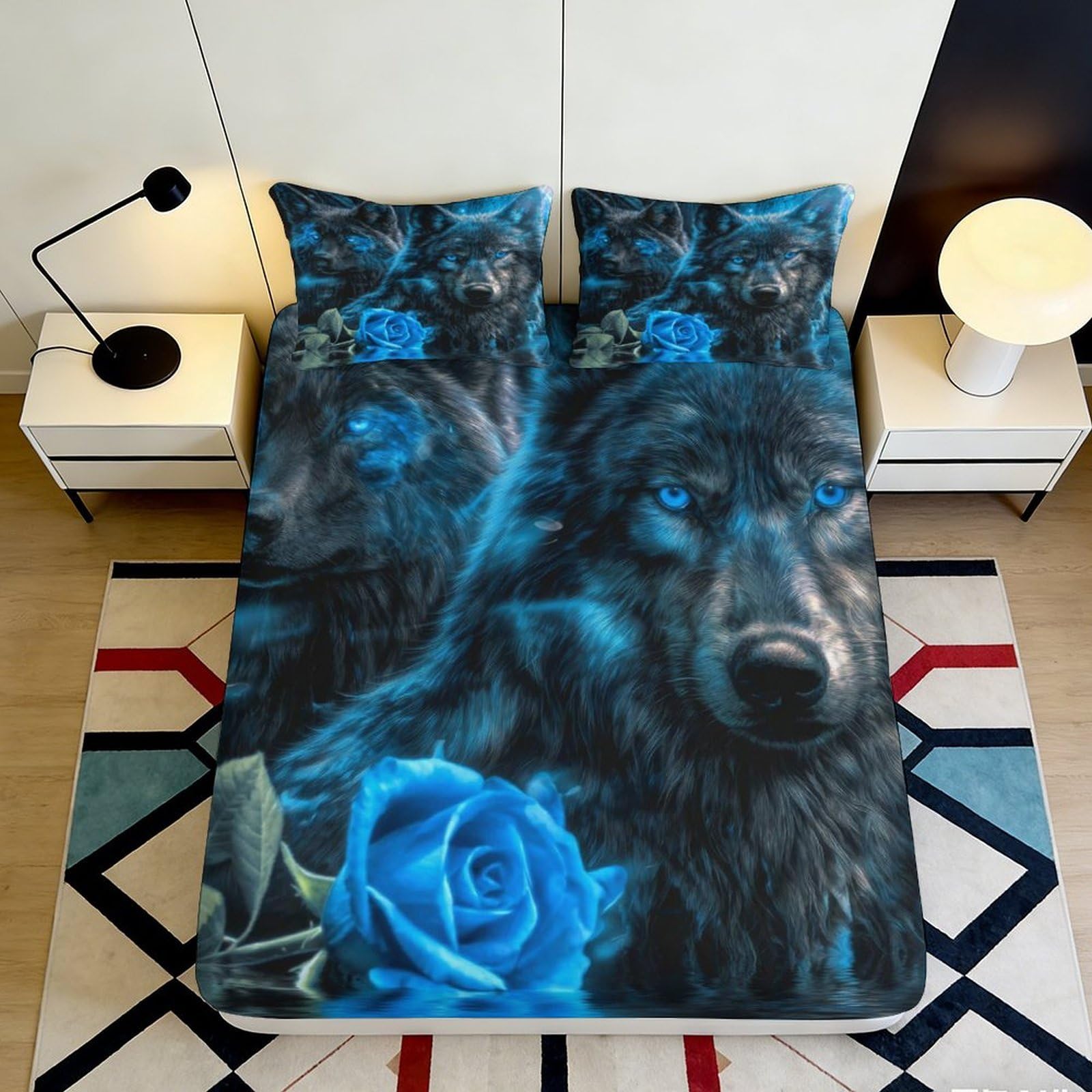 Jwndfkpvxzgl Style-6 3D Printed Blue Wolf Fitted Sheet Microfiber Soft Breathable Rose Bed Cover For Bedroom Dorm Mattress Decor 90X200x25cm